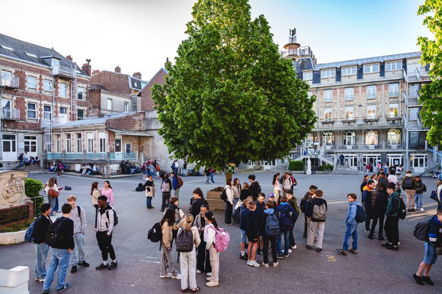 Collégiens rassemblés dans la cour sous le grand arbre le jour de la rentrée