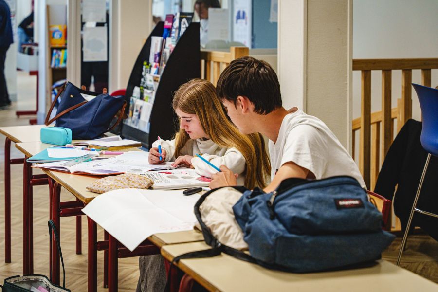 Deux collégiens penchés sur leurs cahiers pour réviser ensemble